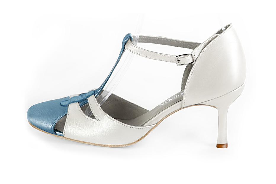 Peacock blue and pure white women's T-strap open side shoes. Round toe. High slim heel. Profile view - Florence KOOIJMAN